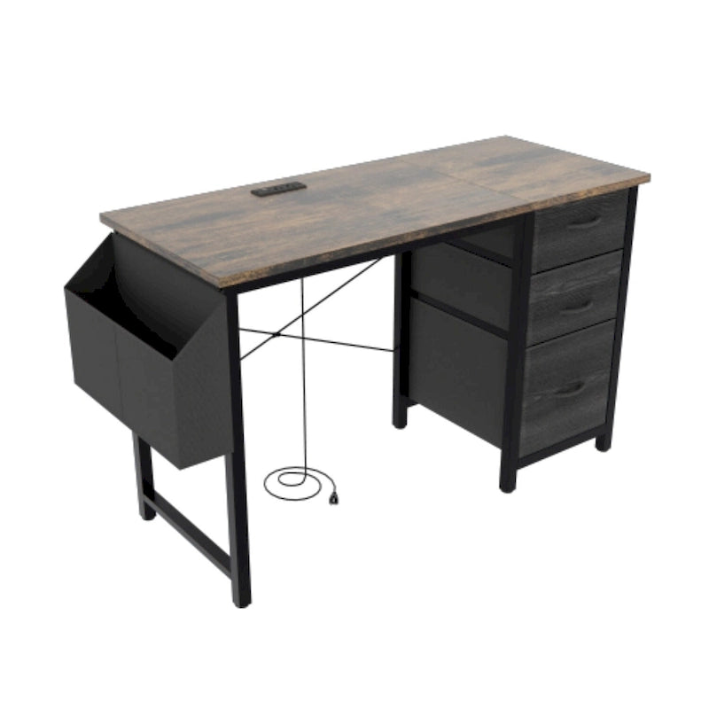47 Office Desk, Modern Reversible Study Writing Desk Workstation With Hutch, 3 Drawers, Power Outlets And Side Pockets