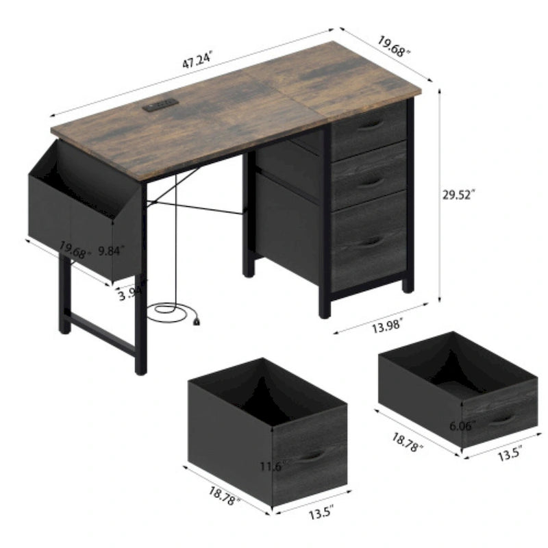 47 Office Desk, Modern Reversible Study Writing Desk Workstation With Hutch, 3 Drawers, Power Outlets And Side Pockets