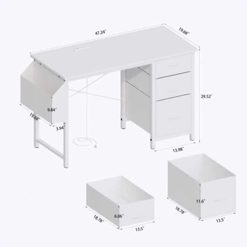 47 Office Desk, Modern Reversible Study Writing Desk Workstation With Hutch, 3 Drawers, Power Outlets And Side Pockets
