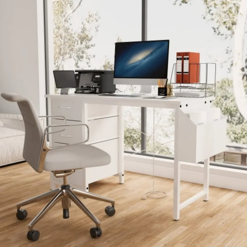 47 Office Desk, Modern Reversible Study Writing Desk Workstation With Hutch, 3 Drawers, Power Outlets And Side Pockets