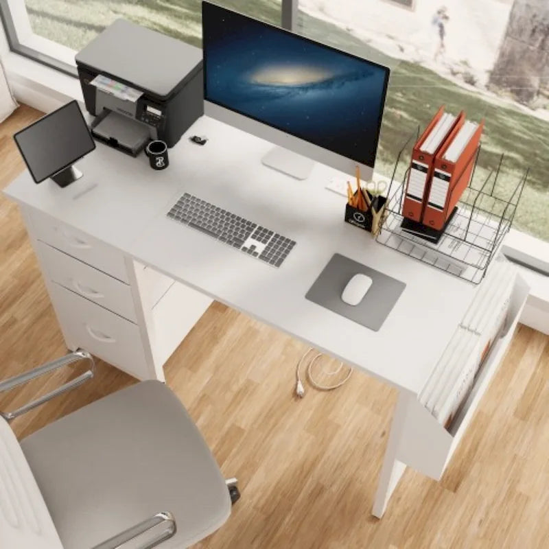 47 Office Desk, Modern Reversible Study Writing Desk Workstation With Hutch, 3 Drawers, Power Outlets And Side Pockets
