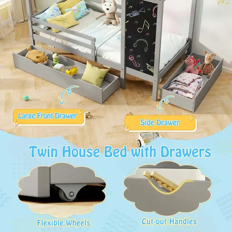 Costway Twin House Bed with 2 Storage Drawers Solid Wood Platform Bed