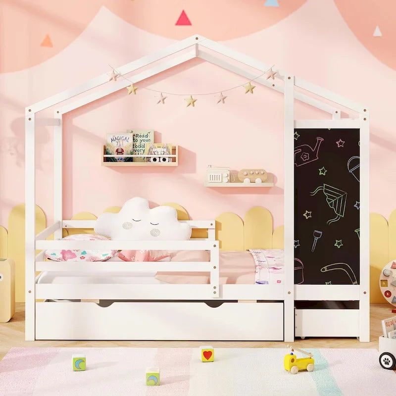 Costway Twin House Bed with 2 Storage Drawers Solid Wood Platform Bed