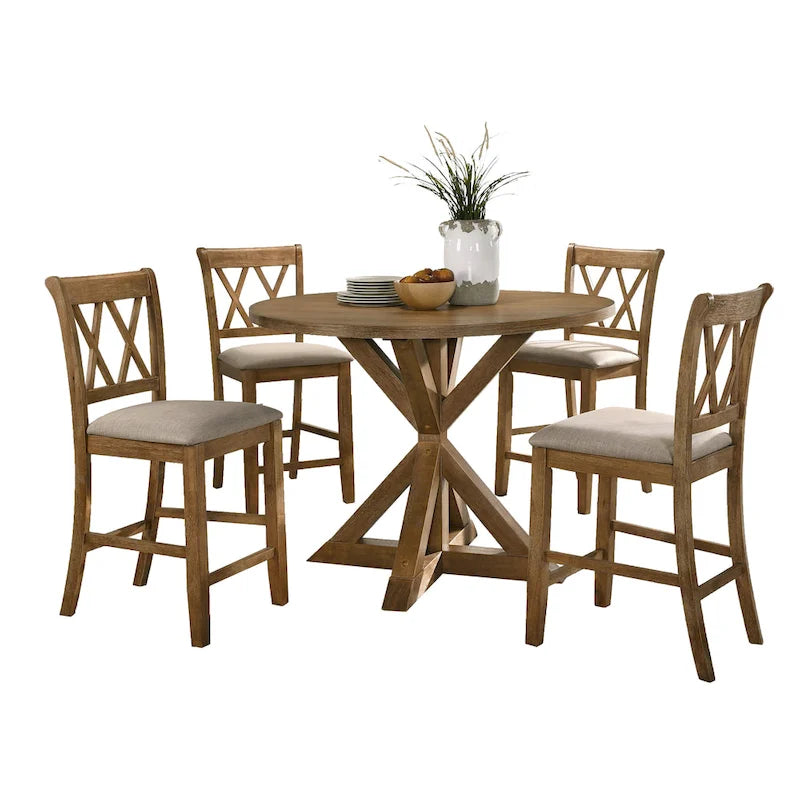 Counter Height Dining Table Set, 5 Piece Round Kitchen Dining Table Set with Round Table and 4 Upholstered Dining Chairs
