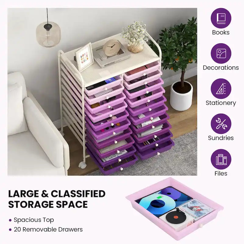 Gymax 20 Drawers Rolling Storage Cart Art Craft Organizer on Wheels