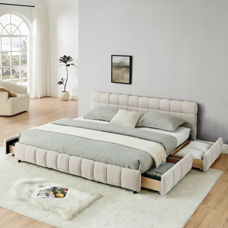 Upholstered Bed Platform King Bed Chenille Upholstered Frame Lattice Tufted Grounded Bed with 4 Bottom Drawers for Bedroom