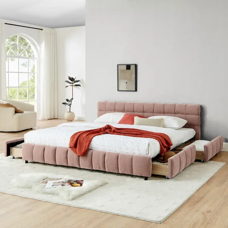 Upholstered Bed Platform King Bed Chenille Upholstered Frame Lattice Tufted Grounded Bed with 4 Bottom Drawers for Bedroom