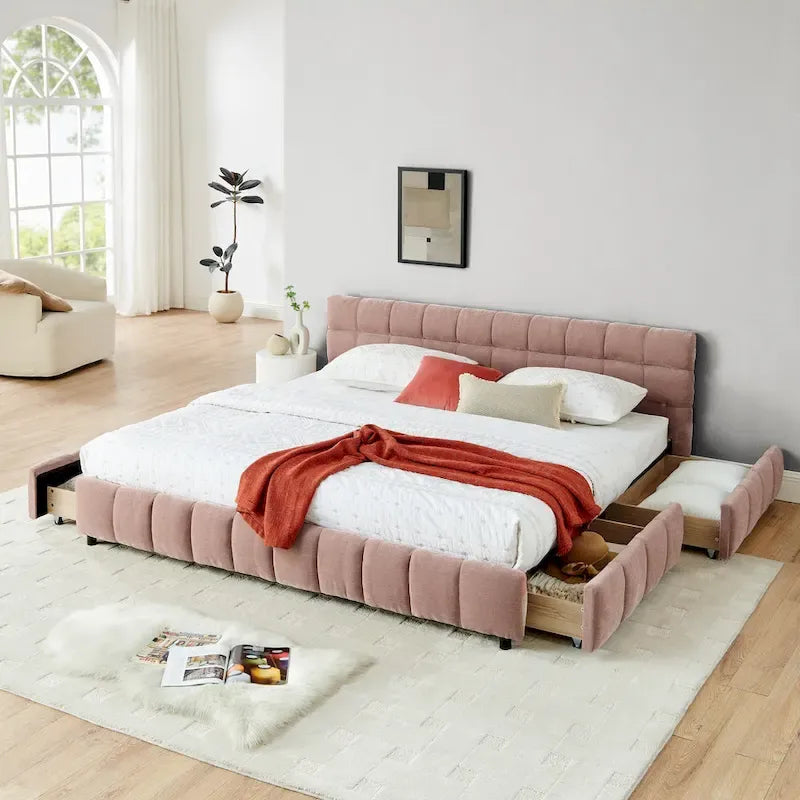 Upholstered Bed Platform King Bed Chenille Upholstered Frame Lattice Tufted Grounded Bed with 4 Bottom Drawers for Bedroom