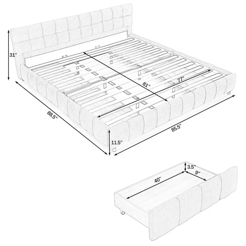 Upholstered Bed Platform King Bed Chenille Upholstered Frame Lattice Tufted Grounded Bed with 4 Bottom Drawers for Bedroom
