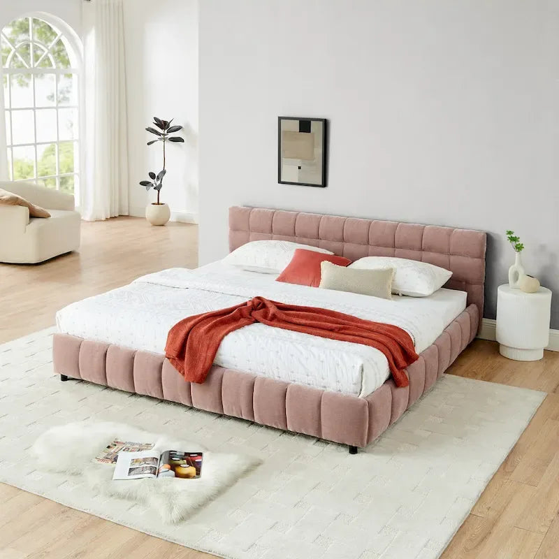 Upholstered Bed Platform King Bed Chenille Upholstered Frame Lattice Tufted Grounded Bed with 4 Bottom Drawers for Bedroom