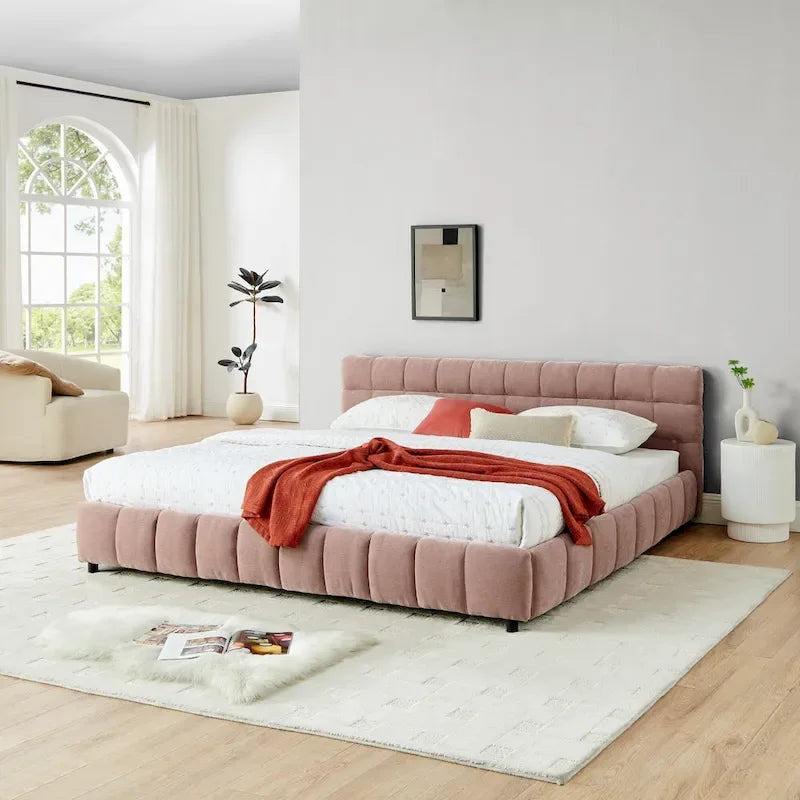 Upholstered Bed Platform King Bed Chenille Upholstered Frame Lattice Tufted Grounded Bed with 4 Bottom Drawers for Bedroom