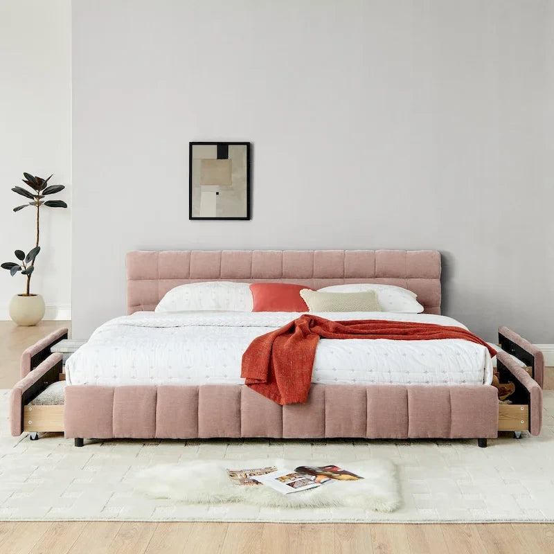 Upholstered Bed Platform King Bed Chenille Upholstered Frame Lattice Tufted Grounded Bed with 4 Bottom Drawers for Bedroom