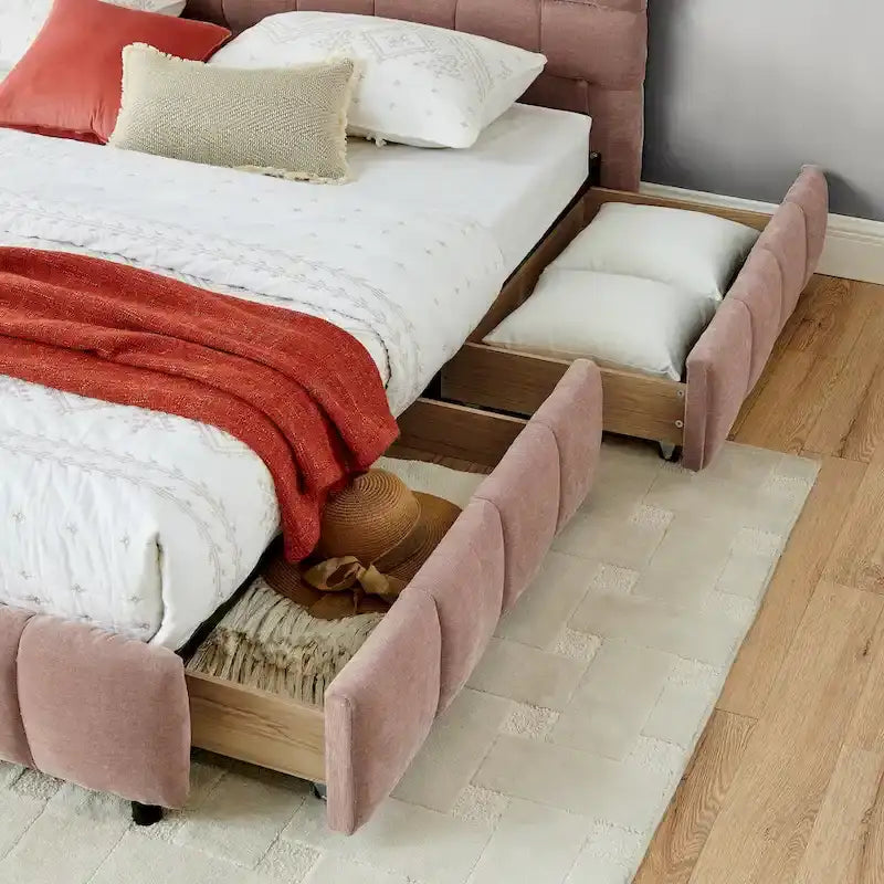 Upholstered Bed Platform King Bed Chenille Upholstered Frame Lattice Tufted Grounded Bed with 4 Bottom Drawers for Bedroom