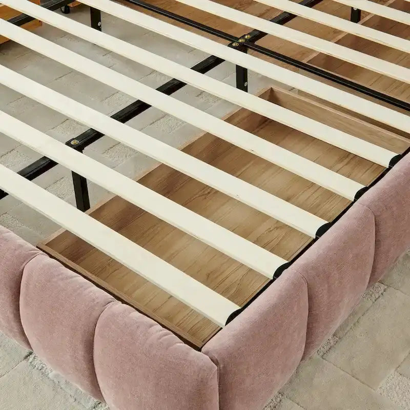 Upholstered Bed Platform King Bed Chenille Upholstered Frame Lattice Tufted Grounded Bed with 4 Bottom Drawers for Bedroom