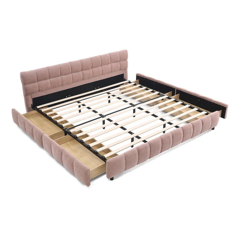 Upholstered Bed Platform King Bed Chenille Upholstered Frame Lattice Tufted Grounded Bed with 4 Bottom Drawers for Bedroom