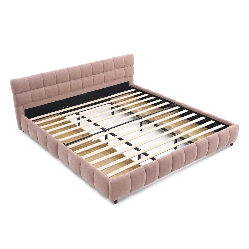 Upholstered Bed Platform King Bed Chenille Upholstered Frame Lattice Tufted Grounded Bed with 4 Bottom Drawers for Bedroom
