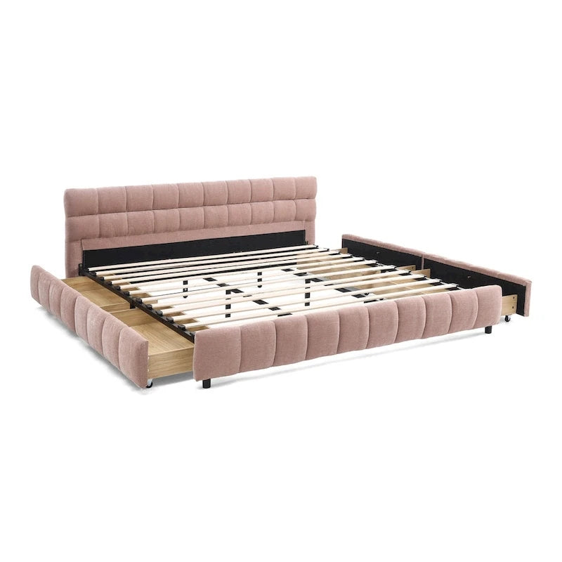 Upholstered Bed Platform King Bed Chenille Upholstered Frame Lattice Tufted Grounded Bed with 4 Bottom Drawers for Bedroom