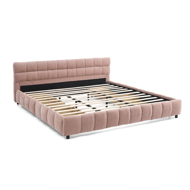 Upholstered Bed Platform King Bed Chenille Upholstered Frame Lattice Tufted Grounded Bed with 4 Bottom Drawers for Bedroom