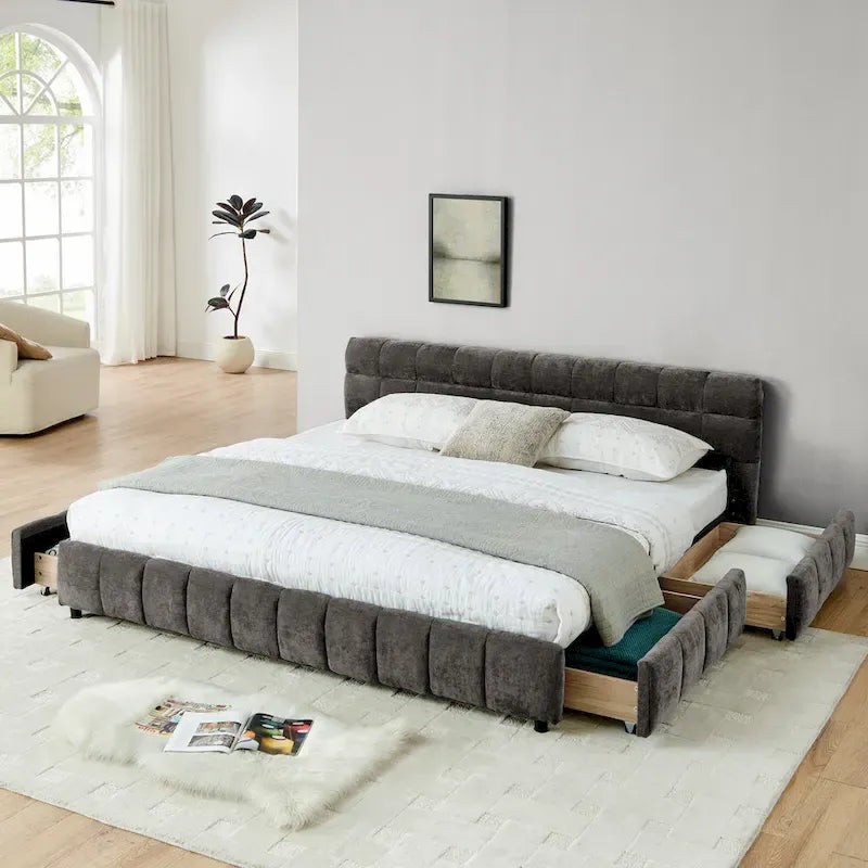 Upholstered Bed Platform King Bed Chenille Upholstered Frame Lattice Tufted Grounded Bed with 4 Bottom Drawers for Bedroom