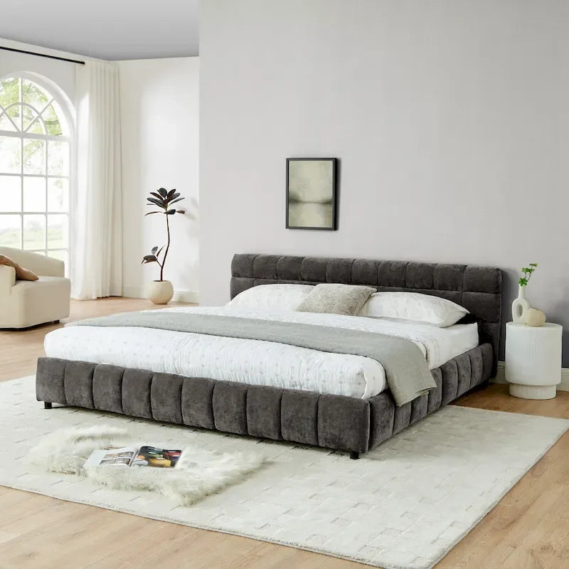 Upholstered Bed Platform King Bed Chenille Upholstered Frame Lattice Tufted Grounded Bed with 4 Bottom Drawers for Bedroom