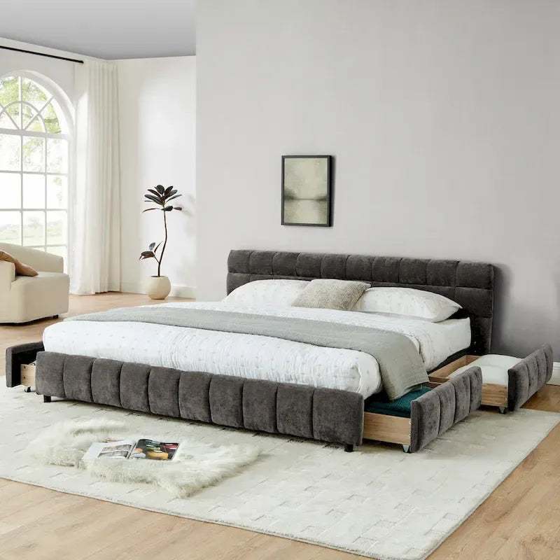Upholstered Bed Platform King Bed Chenille Upholstered Frame Lattice Tufted Grounded Bed with 4 Bottom Drawers for Bedroom