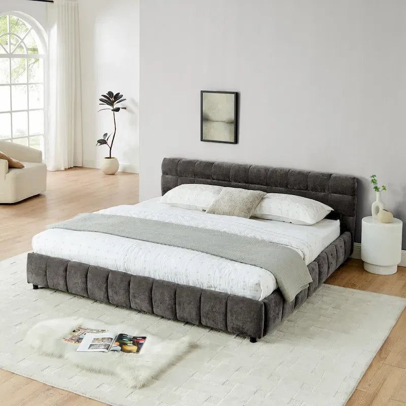 Upholstered Bed Platform King Bed Chenille Upholstered Frame Lattice Tufted Grounded Bed with 4 Bottom Drawers for Bedroom