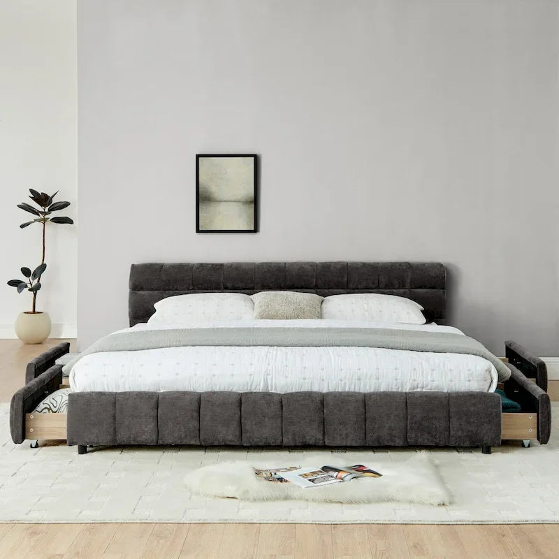 Upholstered Bed Platform King Bed Chenille Upholstered Frame Lattice Tufted Grounded Bed with 4 Bottom Drawers for Bedroom