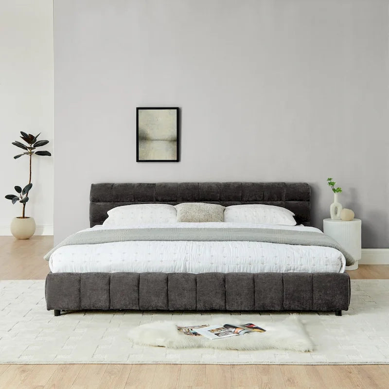 Upholstered Bed Platform King Bed Chenille Upholstered Frame Lattice Tufted Grounded Bed with 4 Bottom Drawers for Bedroom