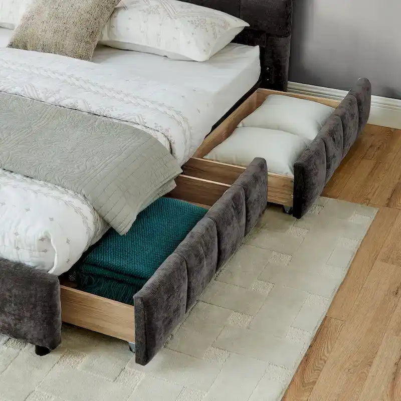 Upholstered Bed Platform King Bed Chenille Upholstered Frame Lattice Tufted Grounded Bed with 4 Bottom Drawers for Bedroom