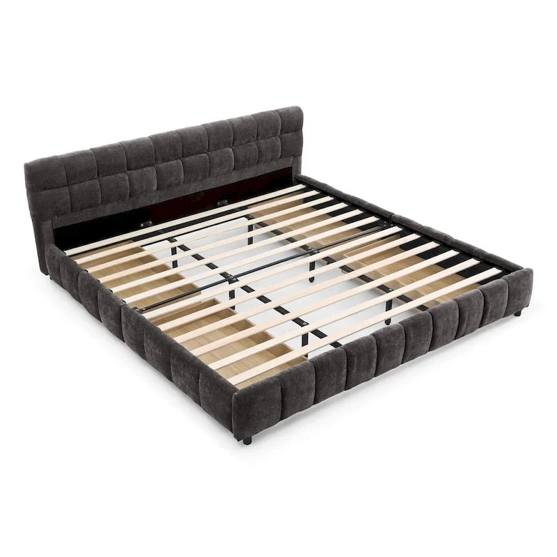 Upholstered Bed Platform King Bed Chenille Upholstered Frame Lattice Tufted Grounded Bed with 4 Bottom Drawers for Bedroom