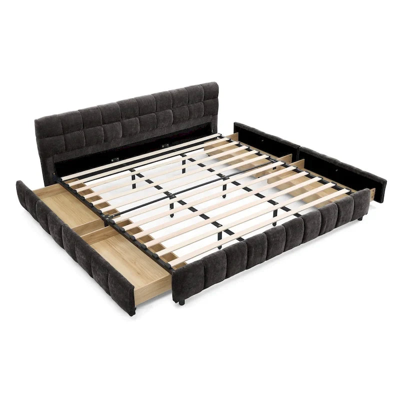 Upholstered Bed Platform King Bed Chenille Upholstered Frame Lattice Tufted Grounded Bed with 4 Bottom Drawers for Bedroom