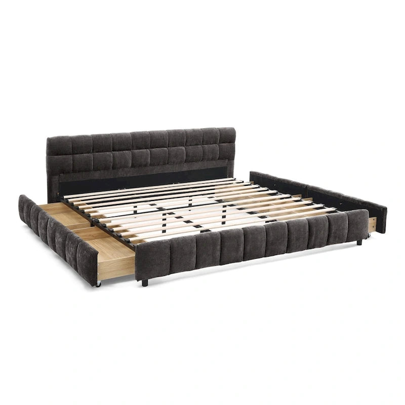 Upholstered Bed Platform King Bed Chenille Upholstered Frame Lattice Tufted Grounded Bed with 4 Bottom Drawers for Bedroom