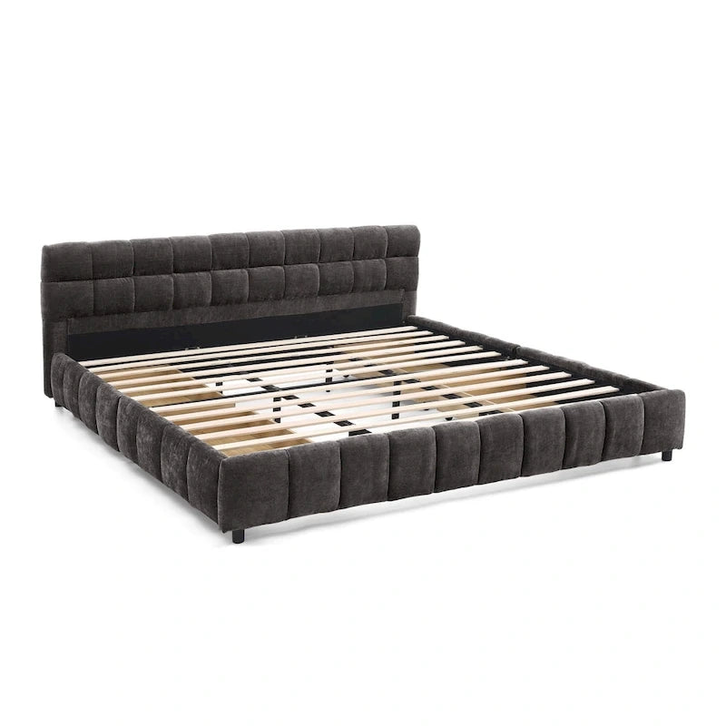 Upholstered Bed Platform King Bed Chenille Upholstered Frame Lattice Tufted Grounded Bed with 4 Bottom Drawers for Bedroom