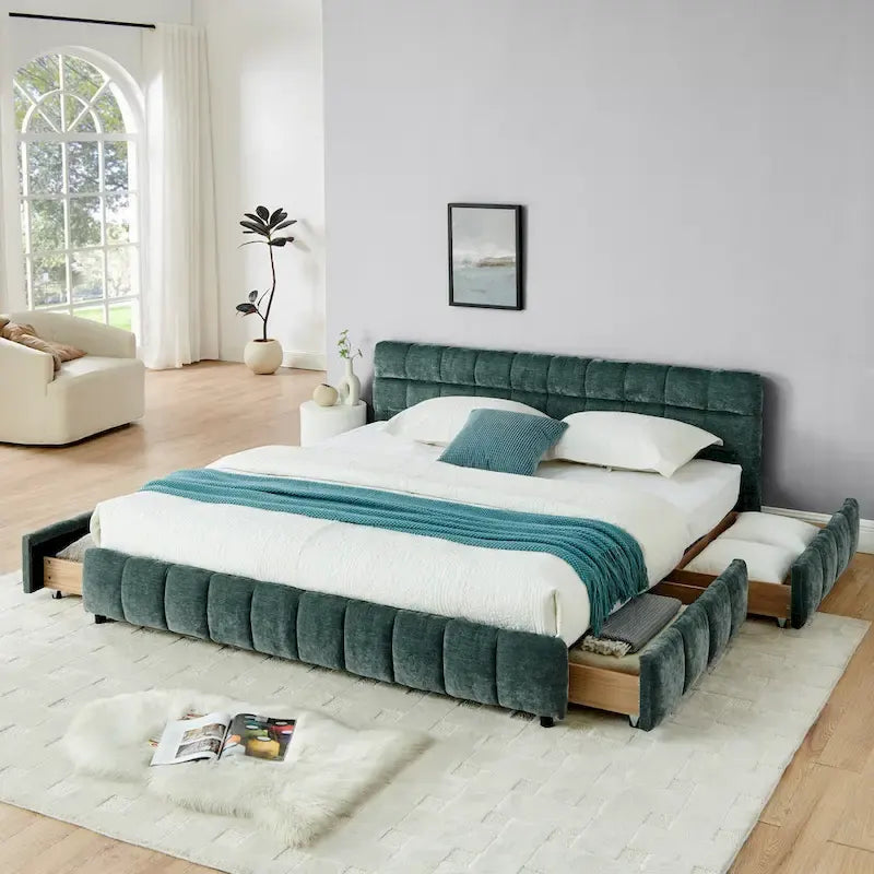 Upholstered Bed Platform King Bed Chenille Upholstered Frame Lattice Tufted Grounded Bed with 4 Bottom Drawers for Bedroom
