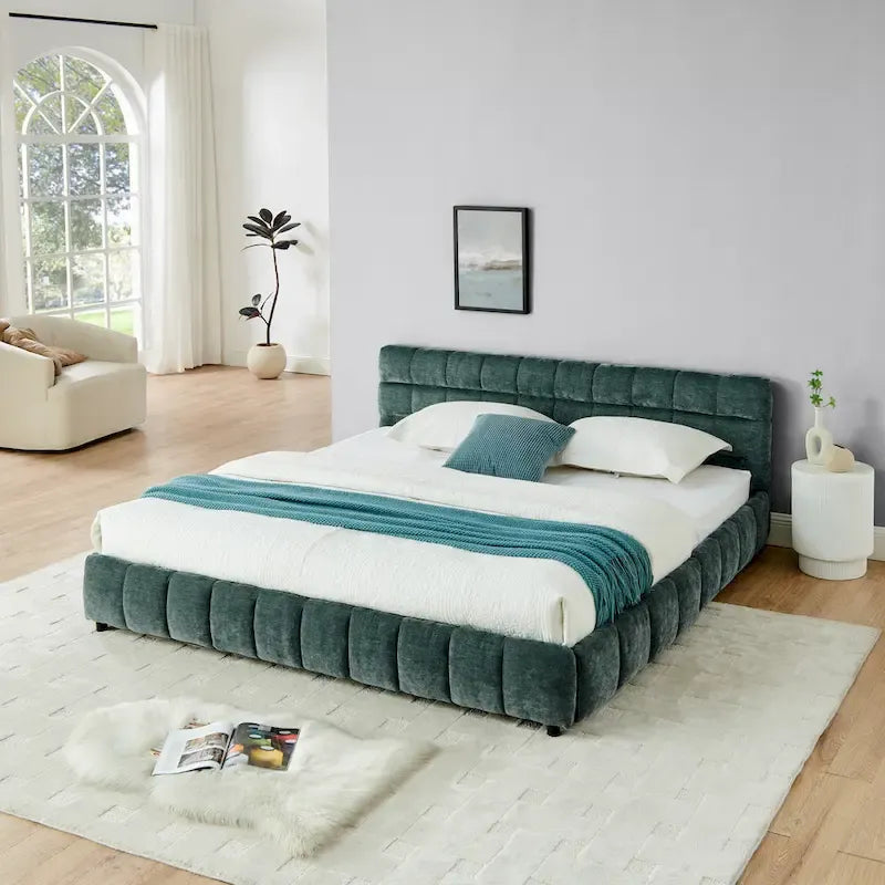 Upholstered Bed Platform King Bed Chenille Upholstered Frame Lattice Tufted Grounded Bed with 4 Bottom Drawers for Bedroom