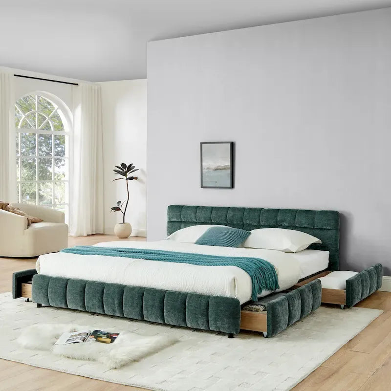 Upholstered Bed Platform King Bed Chenille Upholstered Frame Lattice Tufted Grounded Bed with 4 Bottom Drawers for Bedroom
