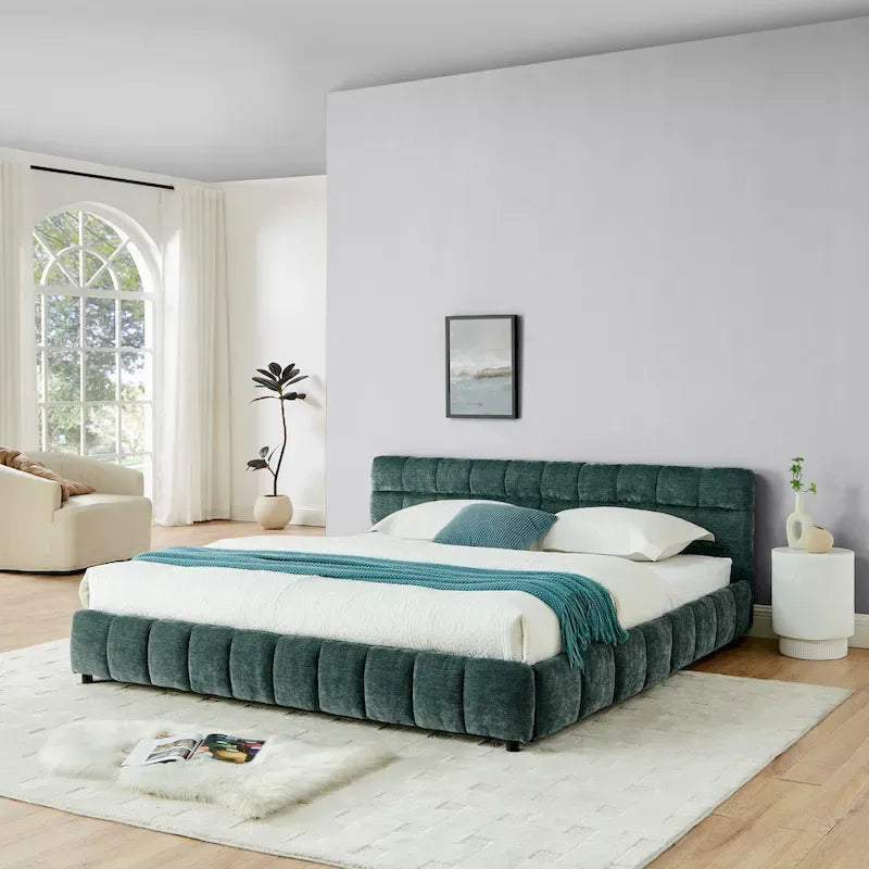 Upholstered Bed Platform King Bed Chenille Upholstered Frame Lattice Tufted Grounded Bed with 4 Bottom Drawers for Bedroom