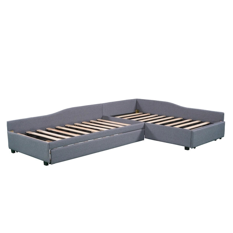 Twin Size Daybed with Drawer, Wooden Support Bed Frame, Upholstered Double Trundle, No Box Spring Needed for Teens