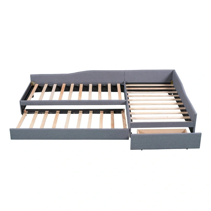 Twin Size Daybed with Drawer, Wooden Support Bed Frame, Upholstered Double Trundle, No Box Spring Needed for Teens