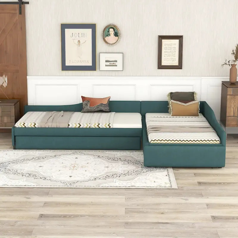 Twin Size Daybed with Drawer, Wooden Support Bed Frame, Upholstered Double Trundle, No Box Spring Needed for Teens