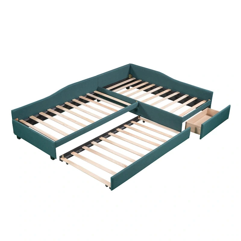 Twin Size Daybed with Drawer, Wooden Support Bed Frame, Upholstered Double Trundle, No Box Spring Needed for Teens