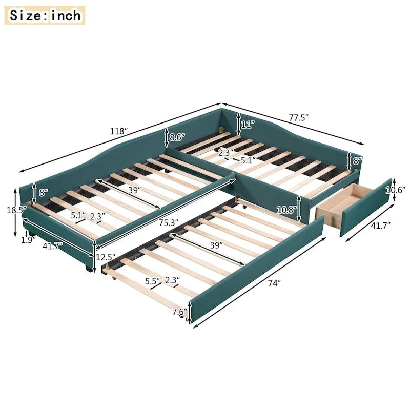 Twin Size Daybed with Drawer, Wooden Support Bed Frame, Upholstered Double Trundle, No Box Spring Needed for Teens