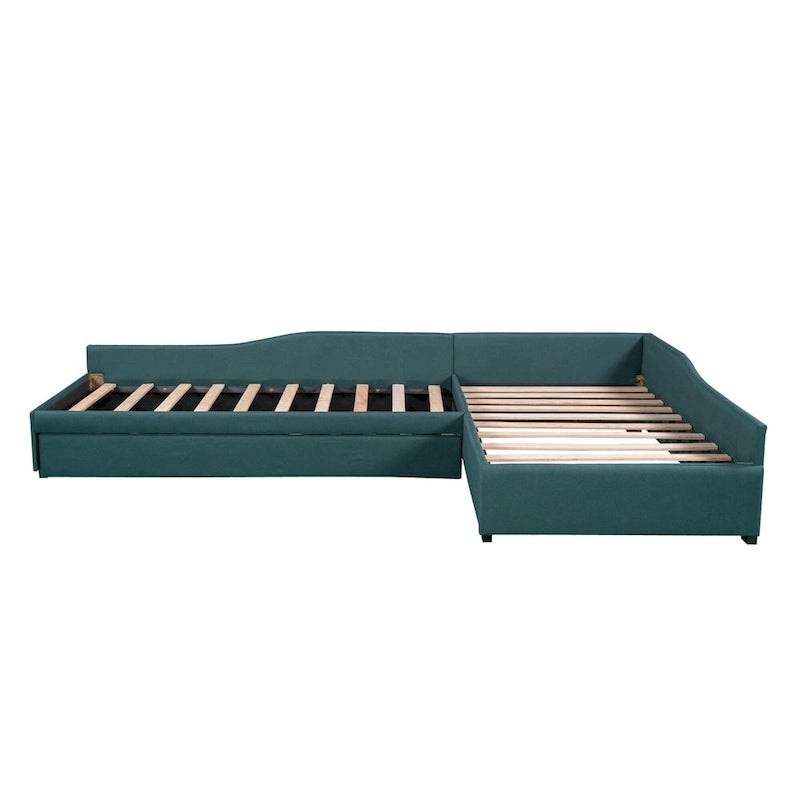 Twin Size Daybed with Drawer, Wooden Support Bed Frame, Upholstered Double Trundle, No Box Spring Needed for Teens