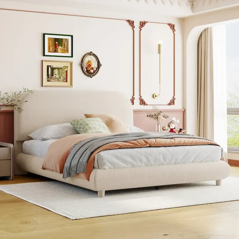 Curve Shaped Headboard Bed Frame, Teddy Fleece Upholstered Platform Bed with Thick Fabric, Wood Low Profile Bed Panel Bed