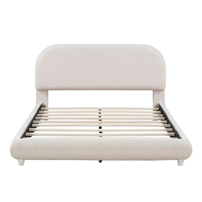 Curve Shaped Headboard Bed Frame, Teddy Fleece Upholstered Platform Bed with Thick Fabric, Wood Low Profile Bed Panel Bed