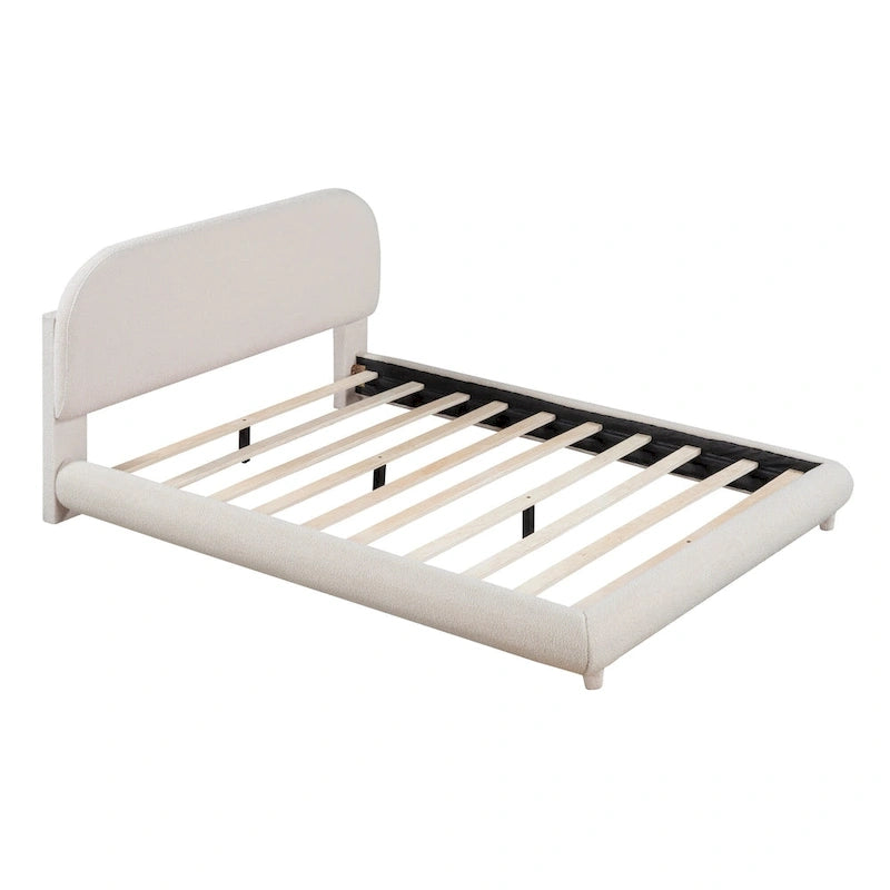 Curve Shaped Headboard Bed Frame, Teddy Fleece Upholstered Platform Bed with Thick Fabric, Wood Low Profile Bed Panel Bed