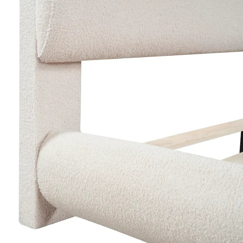 Curve Shaped Headboard Bed Frame, Teddy Fleece Upholstered Platform Bed with Thick Fabric, Wood Low Profile Bed Panel Bed