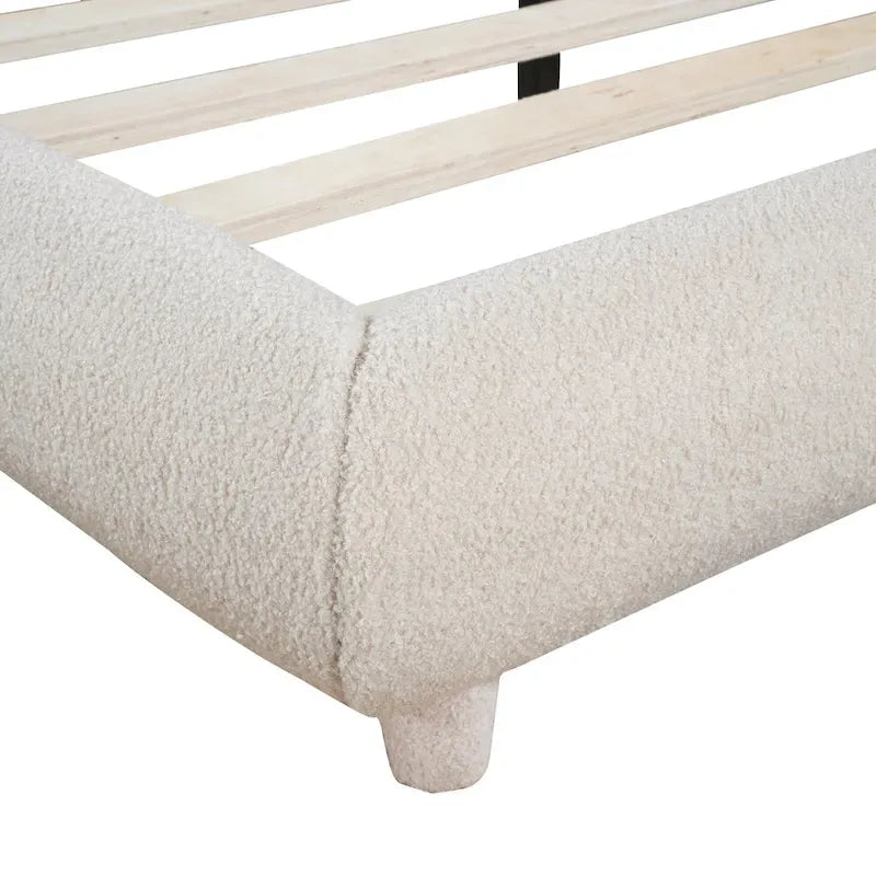 Curve Shaped Headboard Bed Frame, Teddy Fleece Upholstered Platform Bed with Thick Fabric, Wood Low Profile Bed Panel Bed