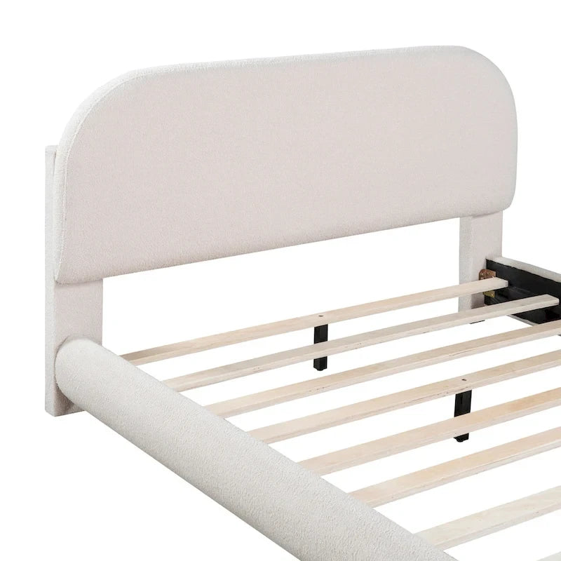 Curve Shaped Headboard Bed Frame, Teddy Fleece Upholstered Platform Bed with Thick Fabric, Wood Low Profile Bed Panel Bed