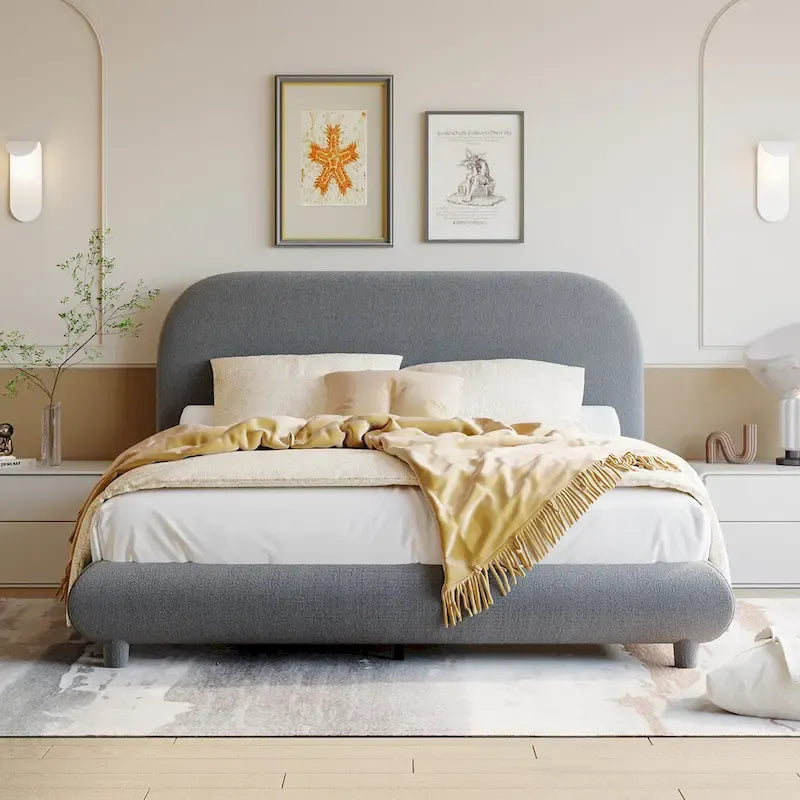 Curve Shaped Headboard Bed Frame, Teddy Fleece Upholstered Platform Bed with Thick Fabric, Wood Low Profile Bed Panel Bed